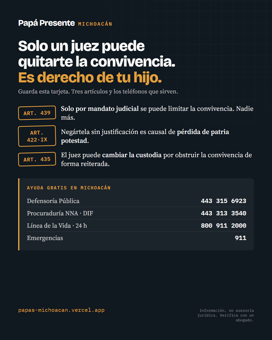 Tarjeta de bolsillo con los tres artículos clave (439, 422 IX, 435) y los teléfonos de ayuda